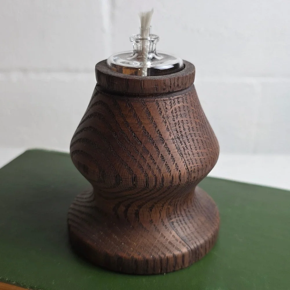 Vintage Hand Turned Oak Wood Oil Lamps Set of 2 Dark Stain Glass Reservoir